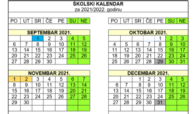 Školski kalendar za 2021/2022. godinu